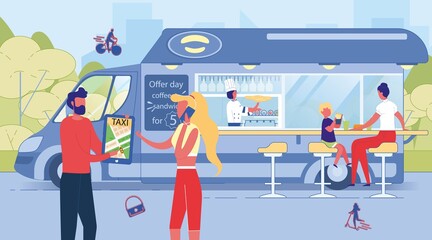 People Character Use Online Taxi Service. Woman Calling Car by Mobile Phone and Man Trekking Taxicab Online via Digital Tablet. Parent with Kid Eating in Street Fast Food Cafe. Vector Illustration