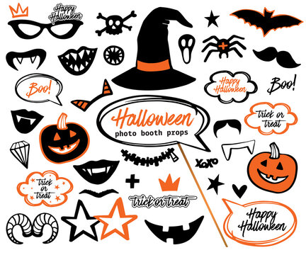 Cartoon halloween photo booth props photo decoration design. Vector illustration template.Black orange silhouette on white background. Halloween party mask for photo booth. Witch hat, vampire mouth.