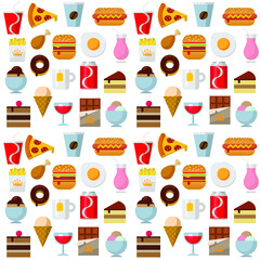 Food set, hamburger, pizza, coffee, potatoes, fries, ice cream, tea, meat, hot dog, eggs, glass, cake and donut, isolated vector illustration.