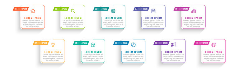 Minimal Business Infographics template. Timeline with 10 steps, options and marketing icons .Vector linear infographic with ten conected elements. Can be use for presentation.