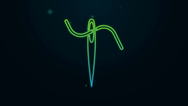 Glowing neon line Needle for sewing with thread icon isolated on black background. Tailor symbol. Textile sew up craft sign. Embroidery tool. 4K Video motion graphic animation