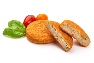 Breaded fishcakes, isolated on white background