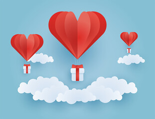 Fototapeta na wymiar Origami made hot air balloon flying on the sky with heart float on the sky, illustration of love and valentine day, vector paper art and craft style illustration.