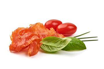 Cold smoked salmon belly strips, isolated on white background