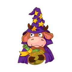 Halloween. Cartoon bull dressed as a wizard with a witch's potion in his paws. Vector illustration for holiday design, in a flat style.

