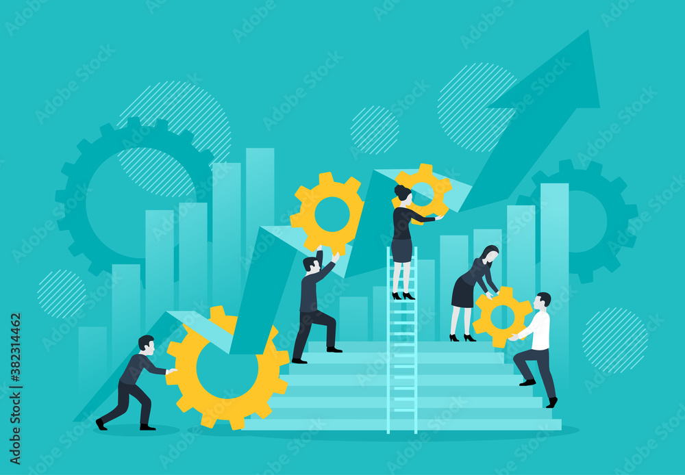 Wall mural Successful business strategy management concept - people group holding chart arrow with growing up direction - vector concept for illustration of business growth, profit, wealth, success