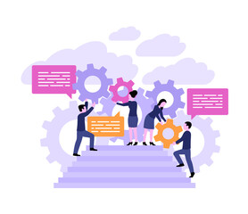 Support management and business working process conceptual illustration - people group (working team) with gears, stairs, dialog boxes and clouds on background - vector concept