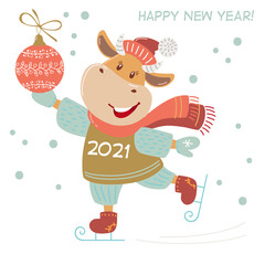 Cute cartoon cow. Vector illustration with bull, symbol of the Chinese new year 2021. Cow on ice