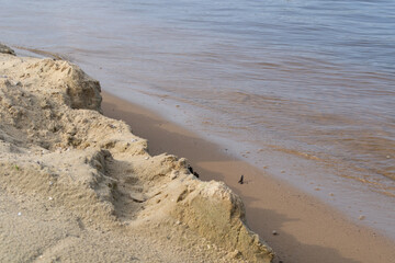 river,small ripples on the water,slow current,yellow sand Bank.