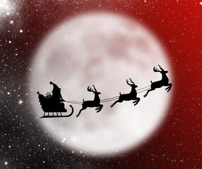 Obraz na płótnie Canvas Christmas card with santa claus, reindeer, sleigh, gift and christmas tree on the background of the big moon in the night moonlight, stars and snow. Illustration.Copy space for text