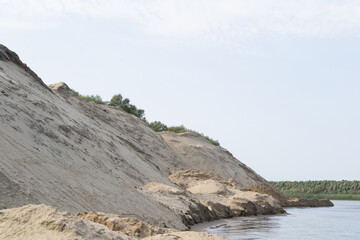 river,small ripples on the water,slow current,yellow sand Bank.