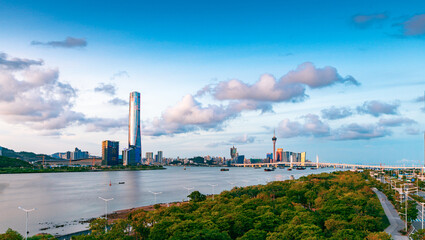 Obraz premium Aerial view of the Bay of Zhuhai and Macao, China