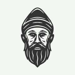 Vintage retro woodcut hunting forest face man. Can be used like emblem, logo, badge, label. mark, poster or print. Monochrome Graphic Art. Vector Illustration..