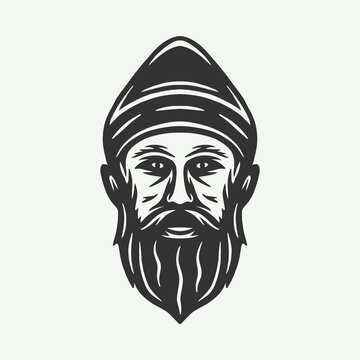 Vintage retro woodcut hunting forest face man. Can be used like emblem, logo, badge, label. mark, poster or print. Monochrome Graphic Art. Vector Illustration..