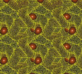 chaotic image with yellow brown acorns inside