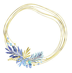 Watercolor winter frame wreath blue leaves gold christmas
