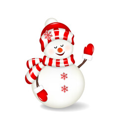 Snowman with red hat and scarf, isolated on white.