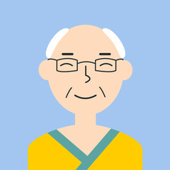 Flat color grandfather portrait. Old man Asian ethnicity face avatar. Characters for web, video game, account, vector icon.