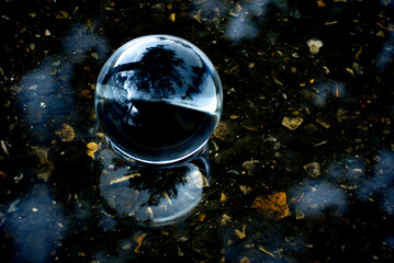 A lens ball in water on an asphalt road