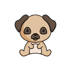 Cute business pug dog icon on white background. Mascot cartoon animal character design of album, scrapbook, greeting card, invitation, flyer, sticker, card. Flat vector stock illustration.