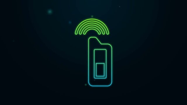 Glowing neon line Car key with remote icon isolated on black background. Car key and alarm system. 4K Video motion graphic animation