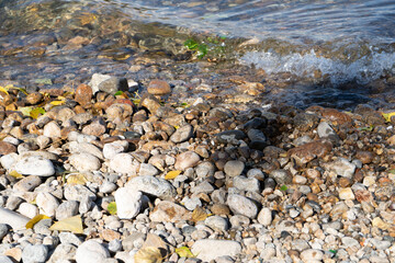 Natural background with stones and yellow leaves