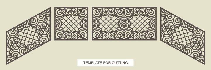 Stair railings - square, rectangular and diagonal (top to bottom). A gate or fence with lace ornament and lattice in the center. Vector template for laser plotter cutting metal, wood, plywood (cnc). - obrazy, fototapety, plakaty