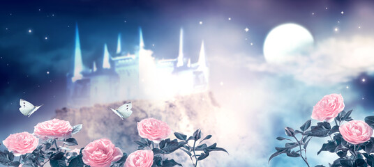 Fantasy fairytale photo background of beautiful fairy pink rose flower garden and butterflies, magical castle in blue night sky, shining stars and glowing moon. Idyllic tranquil fabulous mystic scene. © julia_arda