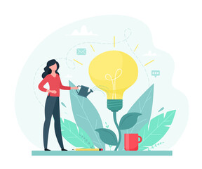 A young woman is watering the plant with a light bulb. Creative idea, education, investing in idea concept. Vector illustration in flat style.