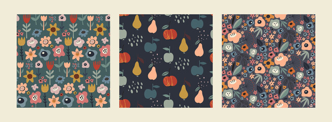 Materiał do szycia Set of vector colorful natural seamless patterns with flowers, leaves and fruits.