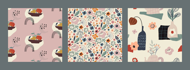 Set of vector colorful abstract natural seamless patterns with flowers, fall leaves and fruits, pear and apple.
