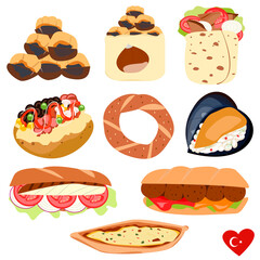 Big vector set of national Turkish street food isolated on white background. 