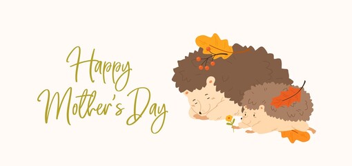 Cute horizontal greeting card for Mothers day with a family of animals. Postcard design with funny mother and cub hedgehogs. Congratulation for mom. Flat vector cartoon illustration