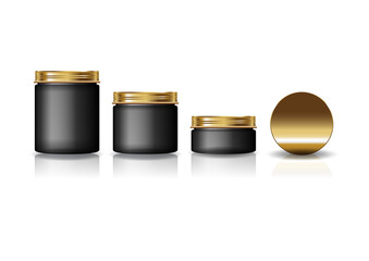 Set of 3 sizes black cosmetic round jar with gold lid for beauty or healthy product.