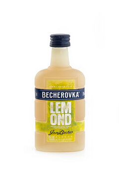 MERSIN, TURKEY, OCTOBER 2, 2020: Small Bottle Of Becherovka,  A Herbal Bitters, Often Drunk As A Digestive Aid, Produced In Karlovy Vary, Czech Republic By Jan Becher Company.