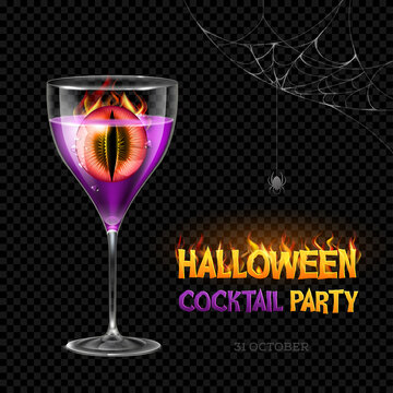 Halloween poison with burning eye. Halloween cocktail party poster. Realistic wine glass isolated on transparent background