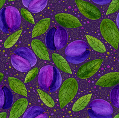 Watercolor plums with green leaves on violet blue background seamless pattern