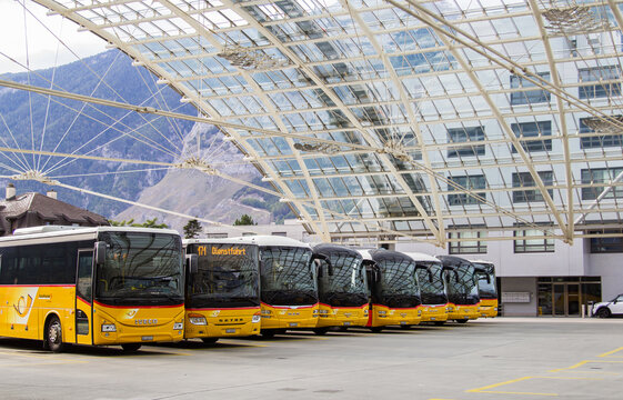 Chur, Switzerland: Post Buses at the Chur bus station. Post Bus Switzerland under the management of Swiss Post, covers rural regions passenger transportation services in Switzerland.