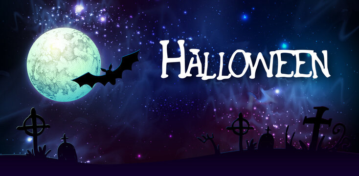 Halloween background with full moom and cemetery. Vector illustration