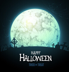 Halloween background with full moom and cemetery. Vector illustration