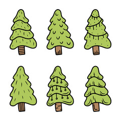 Set of hand drawn colorful christmas tree isolated on a white background. Doodle, simple outline illustration. It can be used for decoration of textile, paper and other surfaces.