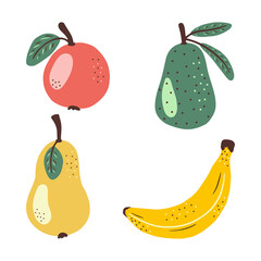 Set of hand drawn colorful fruits, apple, pear, banana and avocado isolated on a white background. Doodle, simple illustration. It can be used for decoration of textile, paper and other surfaces.