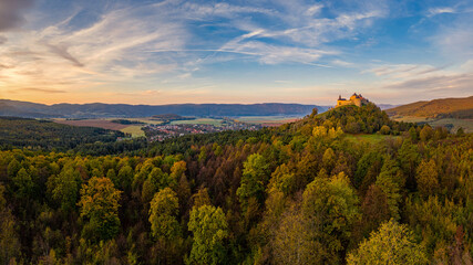 Krasna Horka castle from above in the background with the village