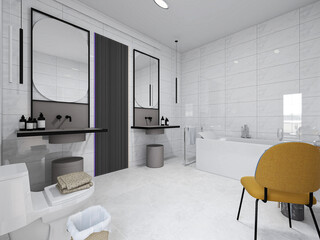 The bright and clean bathroom has bathtub, washstand and so on