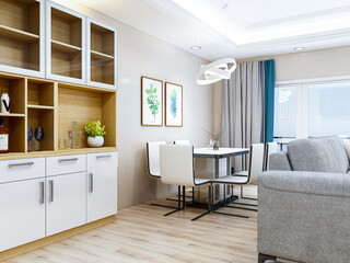 Clean and tidy dining room has wooden table and chair, very neat and clean