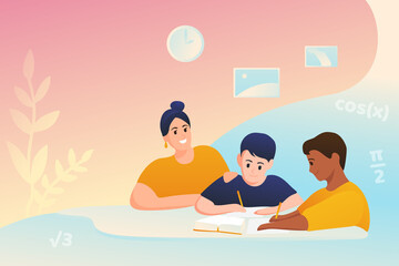 Nanny with children doing math lessons. Modern flat illustration, educational concept. Home schooling. Boys write on pieces of paper.