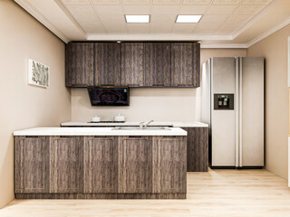 The sun shines through the clean and tidy kitchen with kitchen utensils and refrigerators