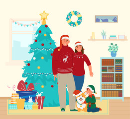 Happy Family In Christmas Outfits With Cute Corgi Dog At Home