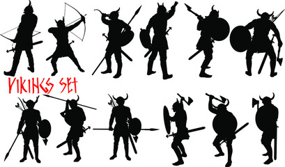 a dozen silhouettes of ancient Viking warriors with weapons in horned helmets, different poses. Black on white background