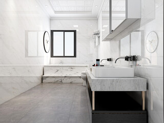 Clean and tidy bathroom, there are washing table, toilet, bathtub and other equipment